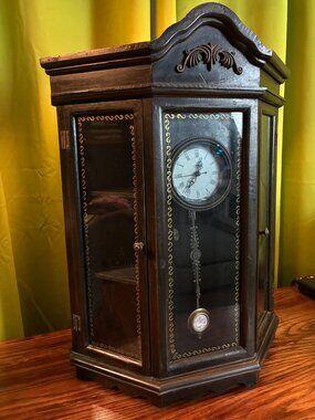 Antique D&A Quartz Wall Cabinet Clock w/ Pendulum, 6 Trinket Curio Shelves 1970s